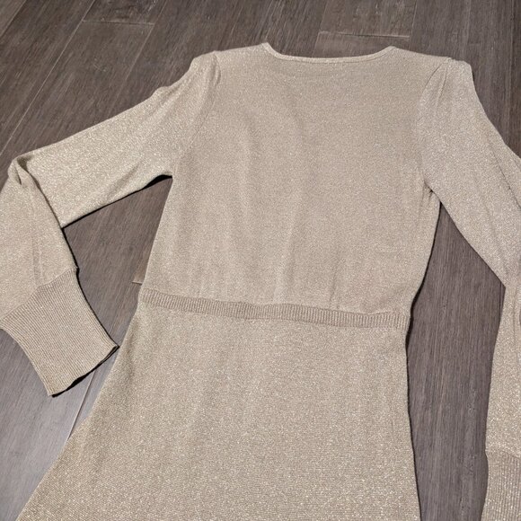 Vertigo, Surplice Neck Cold Shoulder Hi Lo Hem Dress, Gold Metallic, Sz M - Picture 6 of 14